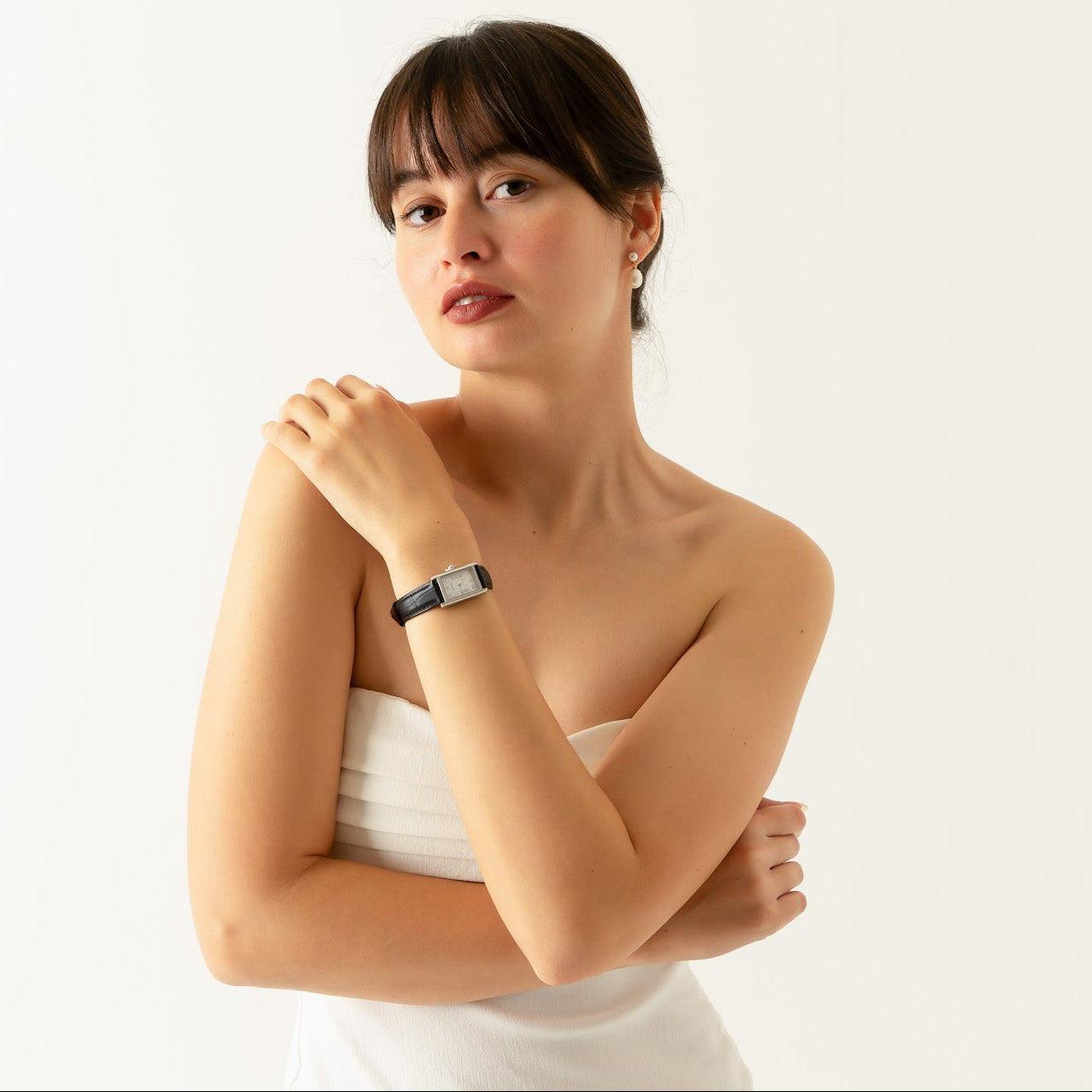 PERLÉVA Kroko-Lederarmband – Schwarz/Silber